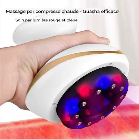 Hand holding a device with red and blue lights, labeled 'Massage par compresse chaude - Guasha efficace'.