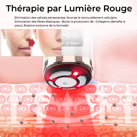 Red light therapy device with text about its benefits on a pink background