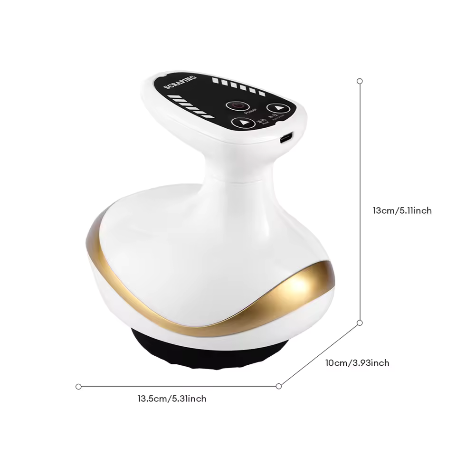 White and gold electronic device with control panel, dimensions indicated on a white background