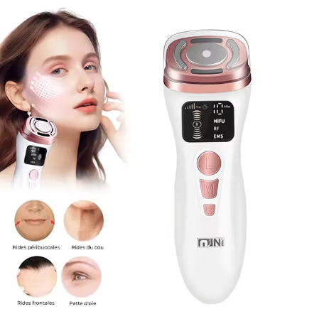 Beauty device with digital display and control buttons, featuring a woman using it on her face.
