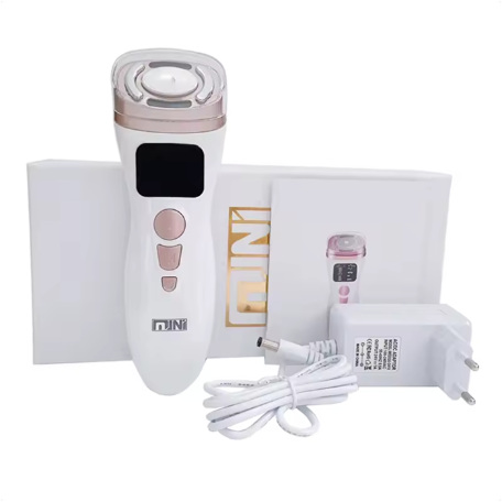 White electronic device with pink accents and packaging on a white background