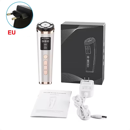 White electronic device with packaging, user manual, and plug adapter on a white background