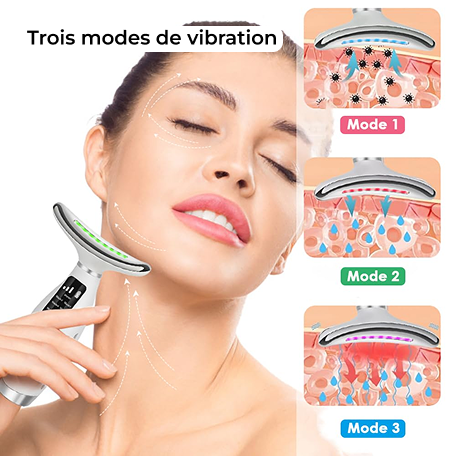 Woman using a facial device with vibration modes displayed on a white background